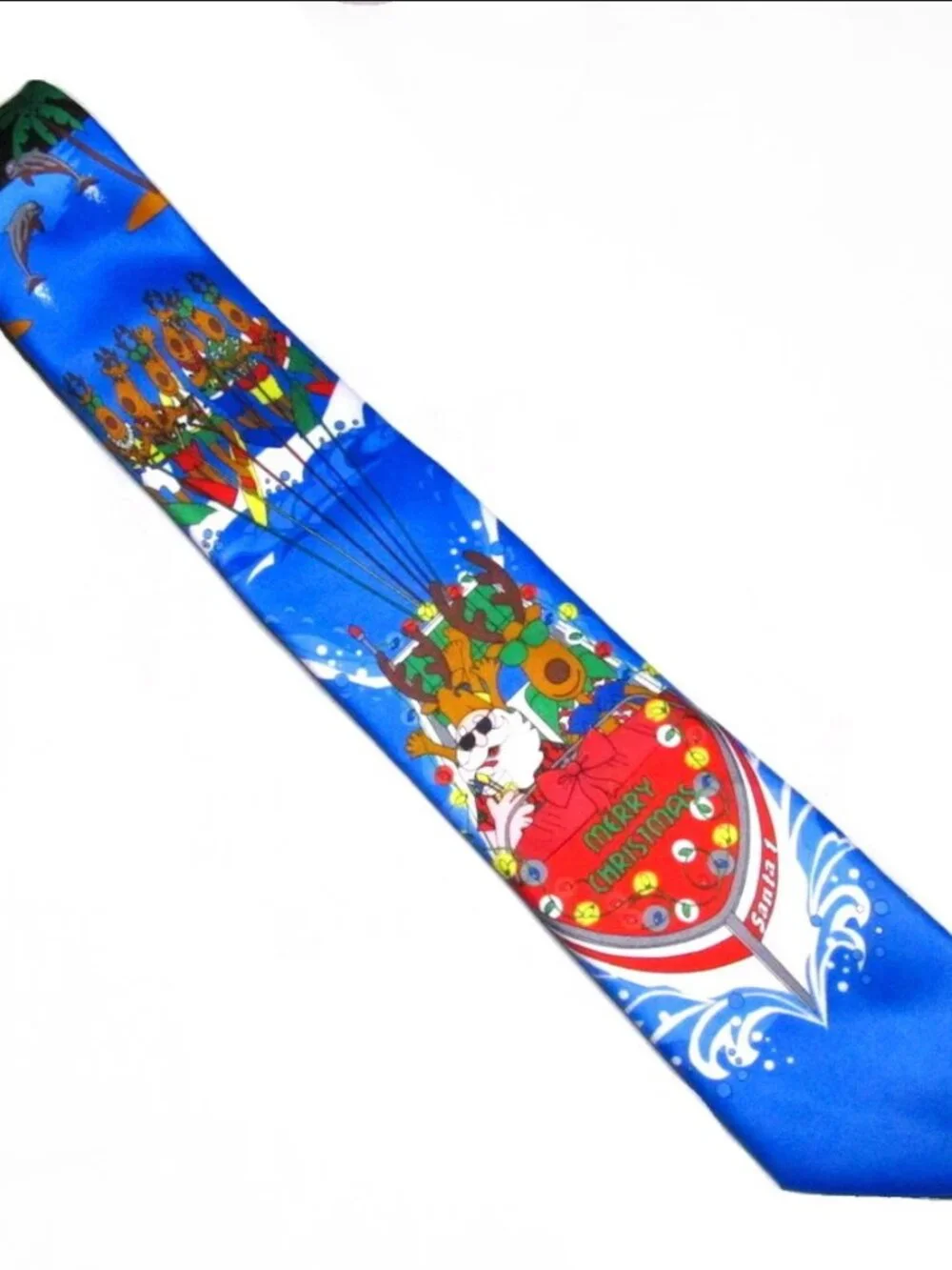 Hallmark Christmas Men's Tie Blue Speedboat Santa Skiing Reindeer Holiday